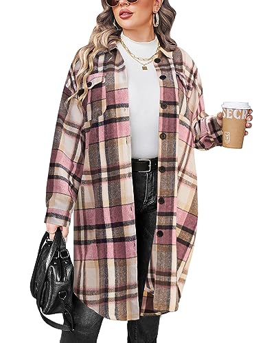 IN'VOLAND Womens Plus Size Flannel Plaid Shirts Long Sleeve Lounge Lapel Boyfriend Button Down Tartan Long Jacket Coats - B-pink - 24 Plus