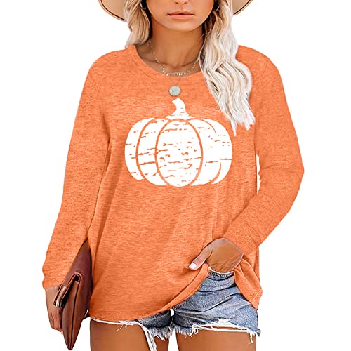 Chulianyouhuo Plus Size Halloween Pumpkin T Shirt Women Long Sleeve Fall Graphic Tees Thanksgiving Gift Tops Blouse - Orange - 3X