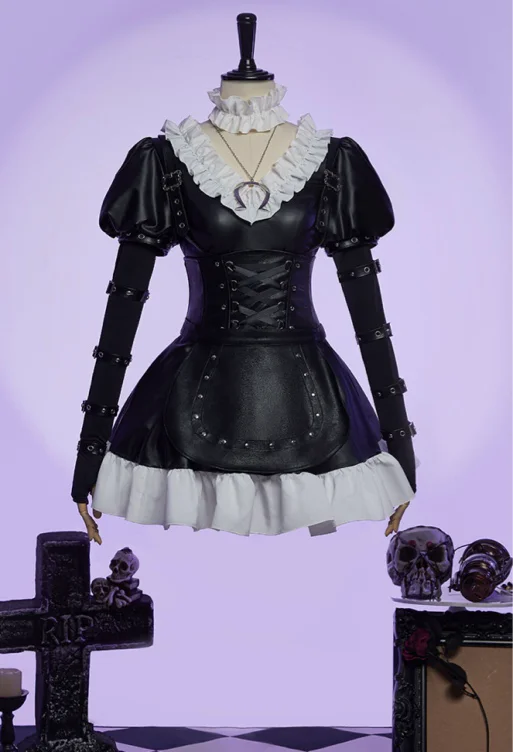 Alice: Madness Returns Derivative Halloween Steampunk Outfit Ruffled Leather Dress with Apron and Waist Shaping