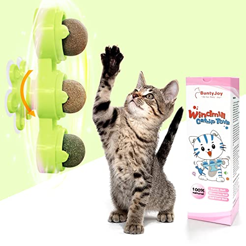 BuntyJoy Cat Toys, Windmill Catnip Toys, 3 Silvervine Catnip Balls, Edible Cat Licking Toys, Safe and Healthy Kitten Chew Toys, Kitty Teeth Cleaning Toys, Cat Wall Treats - WT-Green 3Balls