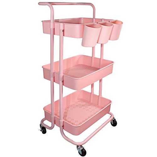 Ceeyali 3-Tier Rolling Utility Cart Storage Shelf Multifunction Organizer Storage Cart with Handle and Lockable Wheels and 3PCS Cup for Home Kitchen,Bathroom,Office,Laundry Room etc. (Pink) - Pink