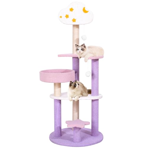 SENNAUX Cat Tree Cat Tower Update 49in Multi-Level Cat Activity Tree with Scratching Post & Toys with Moon Star Cloud for Kittens Pet House Play Rest, Purple - Purple