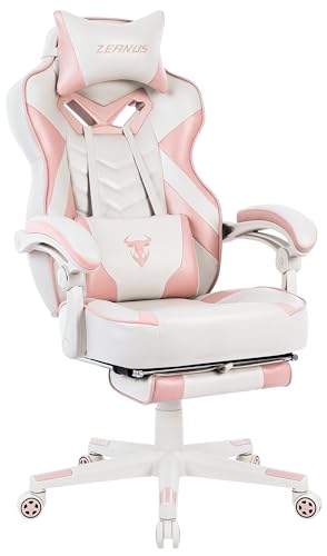 Zeanus Pink Gaming Chair Gaming Chair for Adults Girls Gaming Chair Reclining PC Computer Chair with Footrest Heavy People Ergonomic Game Computer Chair with Massage PU Leather High Back Big and Tall - Light Gray/Pink