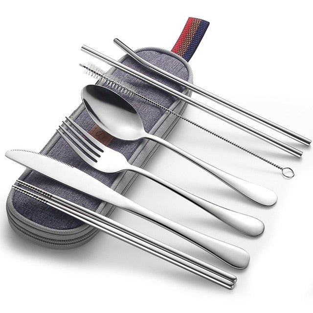 Cutlery Set with Portable Case - Silver & Gray