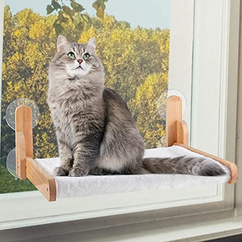 MREYZEU Cat Window Perch Hammock-seat Furniture-Bad – Natural Wooden cat Window Perch, Cordless and Collapsible. Weight Capacity: Over 60 lbs. (Rabbit Fleece Plus) - Rabbit Fleece Plus