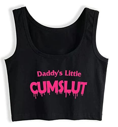 Humor Fun Flirty Daddy's Little Cumslut Print Tank Top Print Yoga Sport Workout Crop Top Gym Tops - X-Large - Black