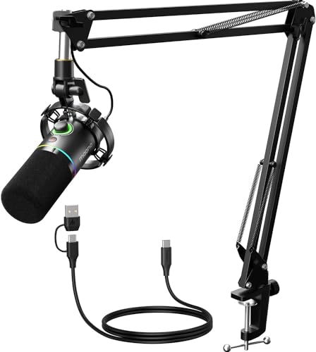 MAONO XLR/USB Dynamic Microphone Kit, RGB Podcast Mic with Software, Mute, Gain Knob, Volume Control, Boom Arm for Streaming, Gaming, Voice-Over, Recording-PD200XS Black - black