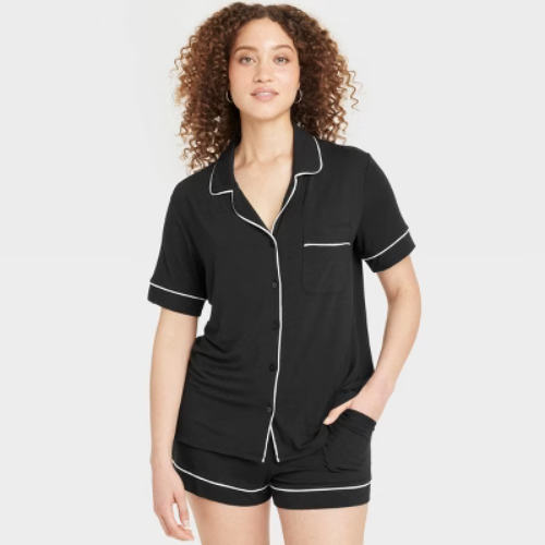 Women's Cloud Knit Short Sleeve Notch Collar Top and Shorts Pajama Set - Auden™ Black XS