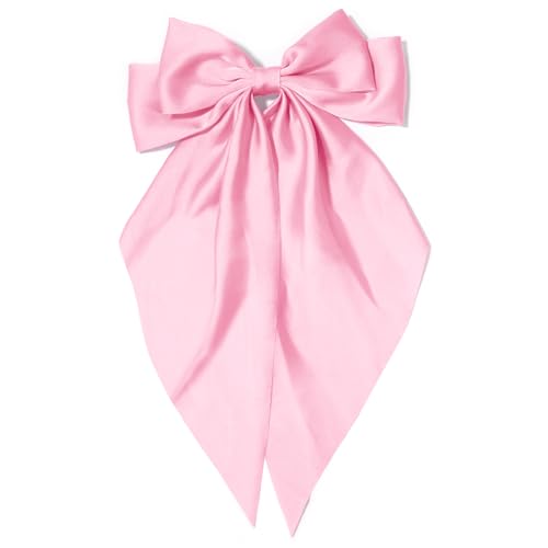 Large Hair Bows for Women Pink Silky Satin Hair Bow Hair Clips Long Tail French Hair Ribbon Coquette Bows Hair Barrettes for Girls - Pink Big Bow