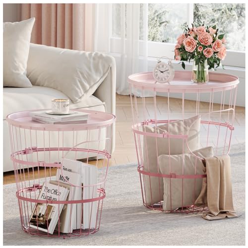 TOOLF End Tables Set of 2,Round Side Table with Storage,Nesting Coffee Table with Removeable Top,Stylish Wire Basket for Blankets Living Room,Bedroom,Office,Balcony, Pink - Pink