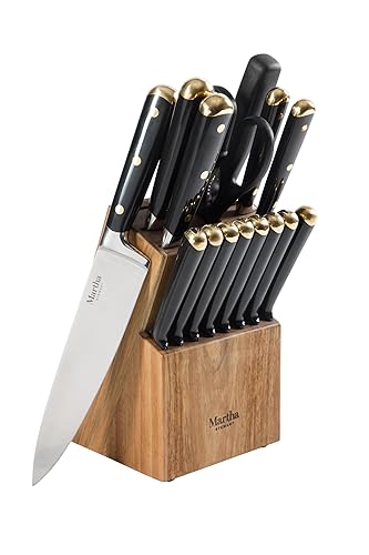 Martha Stewart 16 Piece Lockton High Carbon Stainless Steel Cutlery Kitchen Knife Block Set W/ABS Tripe Riveted Forged Handle Acacia Wood Block - Black W/Gold - Black W/ Gold - Knife Block Set (16-Piece)