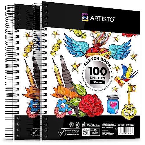 Artisto 9x12" Premium Sketch Book Set, Spiral Bound, Pack of 2, 200 Sheets (100g/m2), Acid-Free Drawing Paper, Ideal for Kids, Teens & Adults. - Set of 2