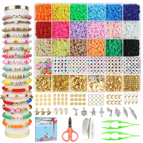 Redtwo 5100 Clay Beads Bracelet Making Kit, Flat Preppy Beads for Friendship Jewelry Making,Polymer Heishi Beads with Charms Gifts for Teen Girls Crafts for Girls Ages 8-12 - 18 colors