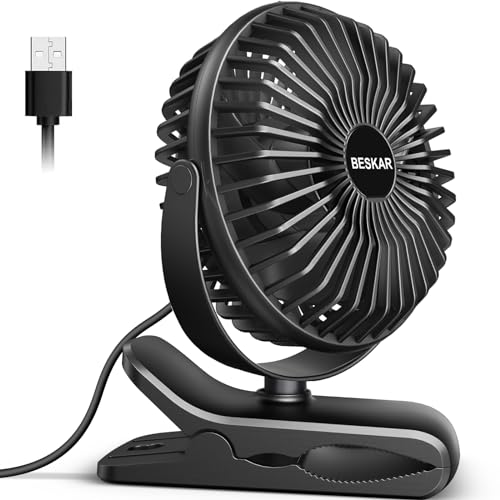 BESKAR Small Clip on Fan, 3 Speeds USB Fan with Strong Airflow, Clip & Desk Fan USB Plug in with Sturdy Clamp - Ultra Quiet operation for Office Dorm Bedroom Stroller - Dark Black