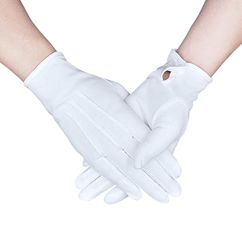 Zenssia Parade Gloves White Cotton Formal Tuxedo Costume Honor Guard Gloves with Snap Cuff, Coin Jewelry Inspection Gloves - White, 1 Pair