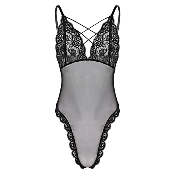 Moily Men's Sissy Crossdresser Lingerie Bodysuit See Through Floral Lace V-Neck Teddy Nightwear