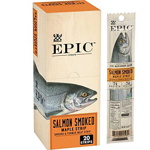 EPIC Smoked Salmon Strips, Wild Caught, Paleo Friendly, 20 ct, 0.8oz Strips - Maple Strip - 20 Count (Pack of 1)