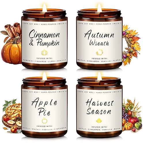 Fall Candle Set | 4pack Fall Scented Candles for Home - Soy Candles for Home Scented, Autumn Candle Set, Fall Candle Gifts - Fall Scents of Pumpkin/Apple Pie/Harvest/Autumn Wreath - 4Pack -Pumpkin/Apple Pie/Harvest/Wreath - Fall
