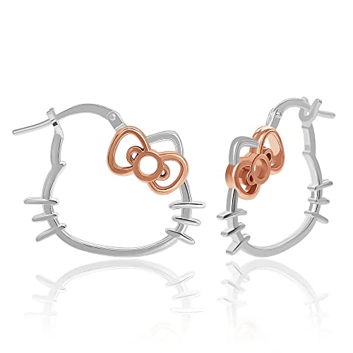 Sanrio Hello Kitty Womens Silhouette Hoop Earrings Official License - Sterling Silver Hello Kitty Earrings with 18k Pink Gold