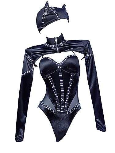 haikyuu Women Cat Cosplay Swimsuit with Swim Cap Goth One Piece Swimsuit Heroine Bathing Suit - Standard - Small - Black