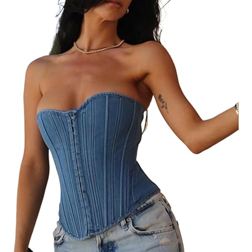 ElayuBeimu Denim Corset Top for Women, Denim Tube Top Sexy Sleeveless Slim Front Hook Waist Cincher Bustier Jean Corset Tops - Small - Blue