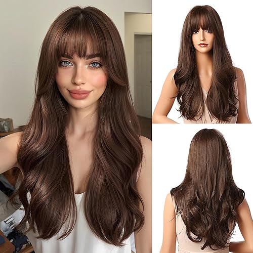 Esmee Brown Wigs 24" Long Synthetic Wig with High Density Natural Headline Heat Permanent Hair Wigs for Women - Curly Long Brown - 24 Inch (Pack of 1)