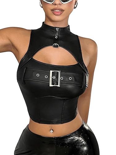 BEAUDRM Women's Faux Leather Tank Top High Neck Cut Out Buckle Front Slim Fit Y2k Crop Tops - Small - Black