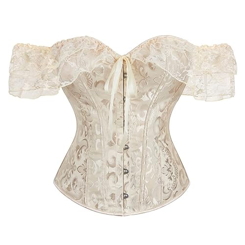 SHYMMUO Women Corset Top with Lace Sleeve Lace Up Sexy Bustier Lingerie Waist Trainer Costume Tops - Small - Beige