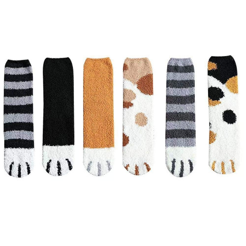 6 Pairs Women's Cat Paw Claws Socks Coral Fleece Fuzzy Fluffy Cozy Winter Warm Crew Sleeping Slipper Socks for Girls