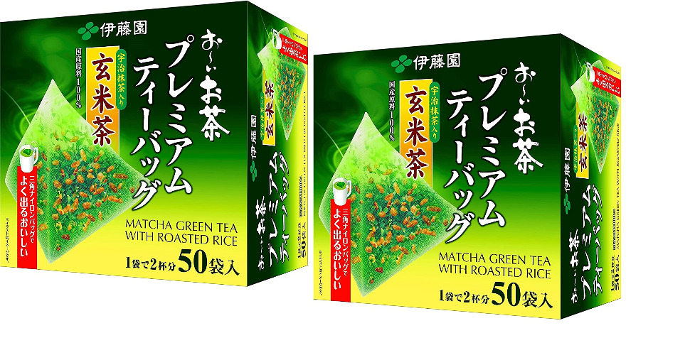 Itoen O~i Ocha Premium Matcha Green Tea with Roasted Rice, Japanese Green Tea Genmaicha with Matcha Uji and Grilled Rice, 1.7g Tea Bags, Pack of 2 Boxes (Total 100 Bags), Made in Japan