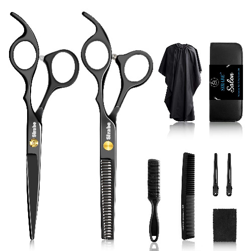 Sirabe 10 PCS Hair Cutting Scissors Set, Professional Haircut Scissors Kit with Cutting Scissors,Thinning Scissors, Comb,Cape, Clips, Black Hairdressing Shears Set for Barber, Salon, Home - Black