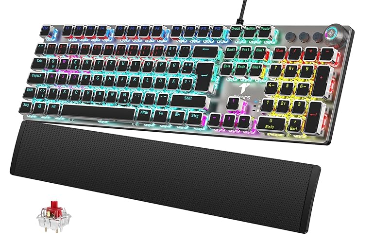 TECURS Mechanische Gaming Tastatur - QWERTZ Mechanical Keyboard mit Magnetische Handgelenkauflage, Multimedia-Tasten, 105 Tasten Kabelgebundene Rote Schalter Tastatur für PC/PS5/PS4, 19 LED Modi - Schwarz