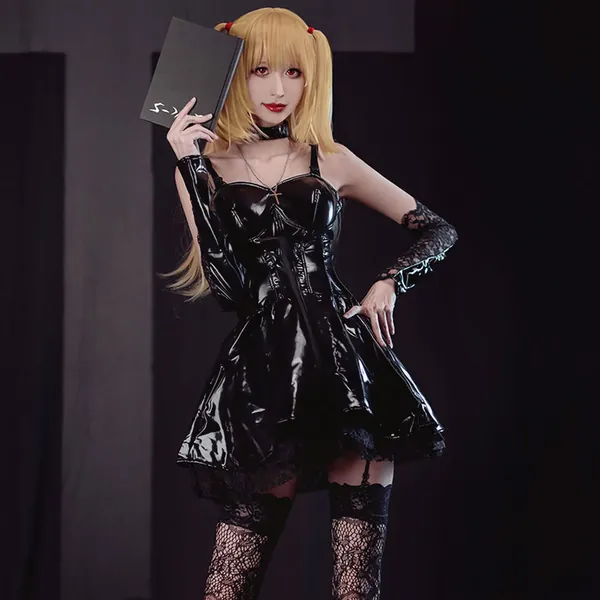 Gothic Anime Cosplay Dress in PU Leather with Spaghetti Straps