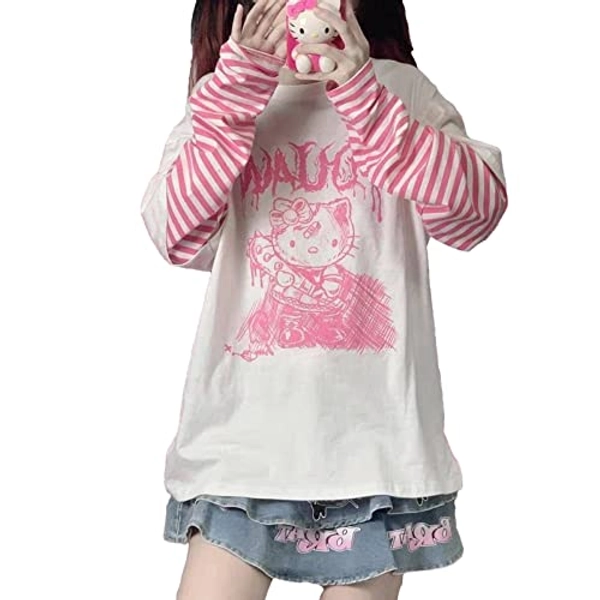 Anime Long Sleeve Shirts for Women Kawaii Shirts Patchwork Harajuku Cartoon Gothic Shirt