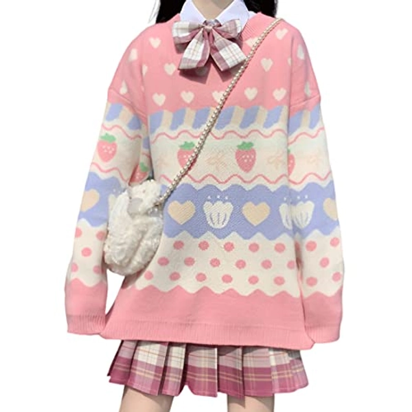 ZLMuMulin Pastel Goth Harajuku Fashion Soft Crewneck Color Blocking Kawaii Kintted Pink Cartoon Strawberry Print Sweater