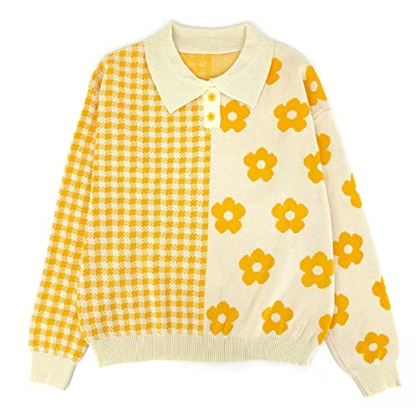 YEMOCILE Womens Kawaii Color Block Sweaters Cute Plaid Collared Pullover Sweatshirts