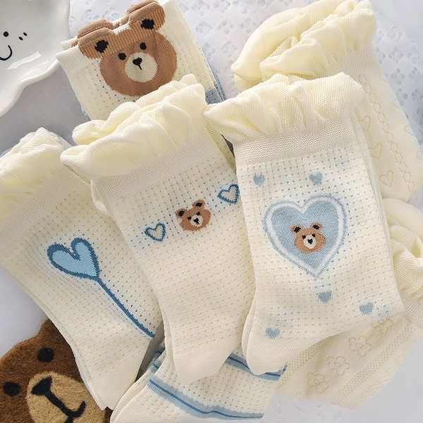 3/7 Pairs Lettuce Trim Mid-tube Socks, Cartoon Pattern Summer Versatile Casual Socks For Dail