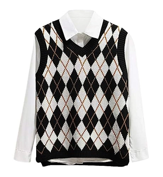 Lailezou Women's V Neck Knit Sweater Vest Argyle Plaid Preppy Style Sleeveless Crop Knitwear Tank