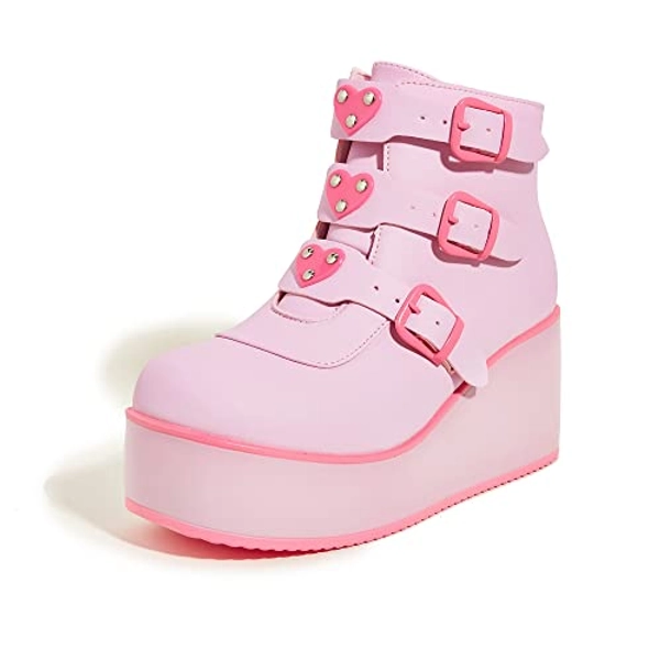 LUCKY STEP Women Platform Chunky Ankle Boots - Round Toe Zipper Wedges High Heels Rave Buckle Thick Sole Goth Booties