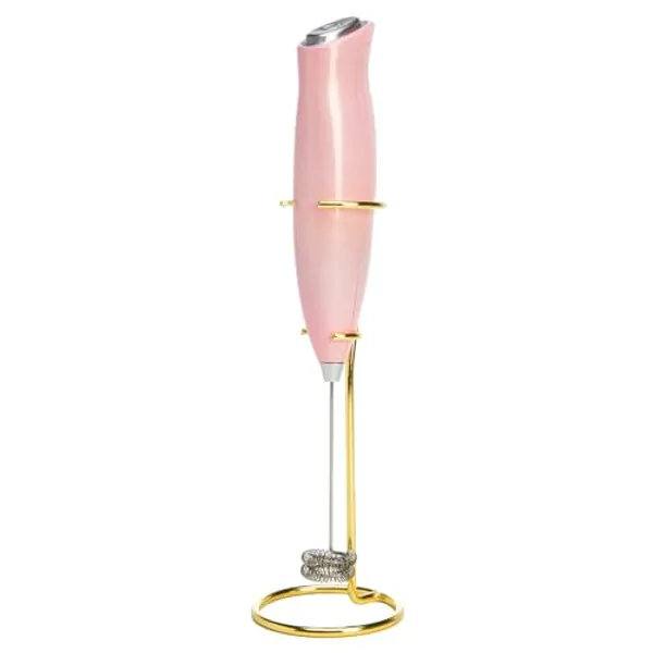 Paris Hilton Electric Handheld Milk Frother with Double Coil Head Whisk and Gold Metal Stand, Battery Powered (2 AA Batteries Required but Not Included), Pink Sparkle Finish