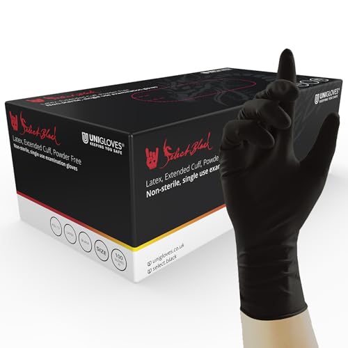 Unigloves Select Black Latex Extended Cuff GT0012 Single Use - Multipurpose, Powder Free Disposable Gloves, Optimised for Tattoo Artists, Box of 100 Gloves, Black, Small - Extended Cuff Latex - S
