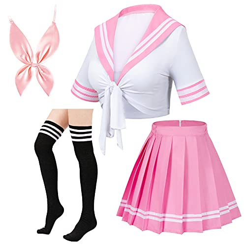 Elibelle Japanese Anime Schoolgirl Classic Sailor JK Harajuku Crop Top Tie up Pleated Skirt Uniform Seifuku Socks Bow set - X-Large - White Pink
