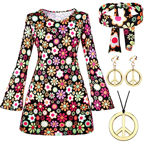 70s 80s Women Hippie Costume Set Disco Outfit Women Peace Sign Earring Necklace Headband Dress for Halloween Cosplay - XLarge