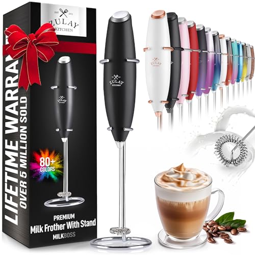 Zulay Powerful Handheld Milk Frother - Mini Foam Maker for Lattes - Whisk Drink Mixer for Coffee, Mini Foamer for Cappuccino, Frappe, Matcha, Hot Chocolate by Milk Boss (Black) - Midnight Black