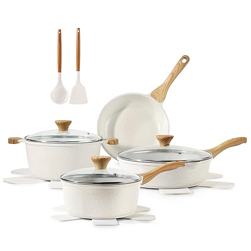 SENSARTE Nonstick Ceramic Cookware Set 13-Piece, Healthy Pots and Pans Set, Non-toxic Kitchen Cooking Set with Stay-Cool Handles, Silicone Tools and Pot Protectors, PFAS and PFOA Free - 13-Piece - White