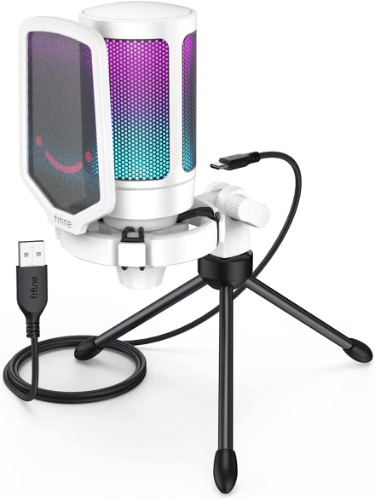 AmpliGame USB Microphone, PC Gaming Recording Desktop Laptop Mic, RGB Streaming Podcasting Condenser Mic for Online Game, Zoom, Vocal, with Mute Button, Gain Knob, Anti-Vibration, Tripod Stand-White - White