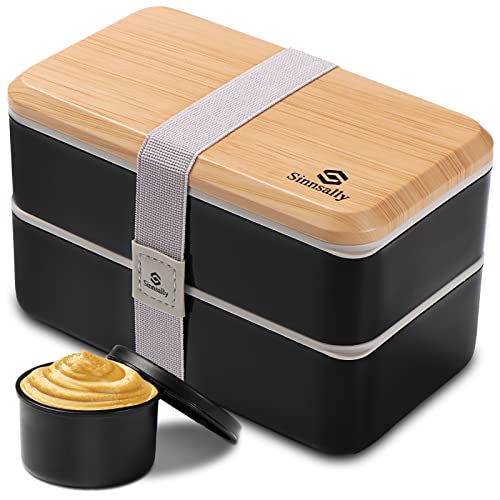 Sinnsally Bento Box Adult Lunch Box,Lunch Box with Compartments(47oz),Stackable Adults Bento Lunch Box,Rectangle Lunchable Food Container with Utensil Set,Leak-Proof Lunchbox,Microwave/Dishwasher Safe - Black