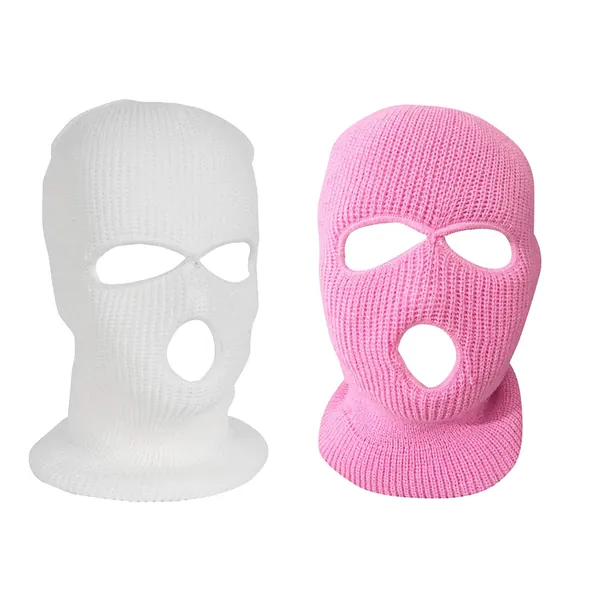 SUNTRADE 2Pcs Pink+White 3 Hole Face Mask Winter Beanie Ski Snowboard Hat Cap Wear Stylish Balaclava