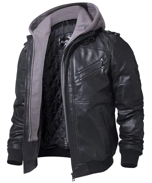FLAVOR Men's Real Leather Jacket Removable Hoodie Brown Genuine Suede Pigskin
