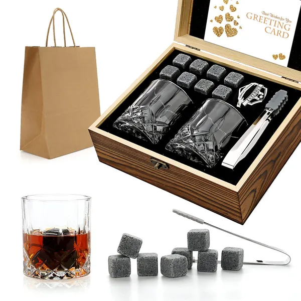 Whiskey Stones Glass Gift Set - Bourbon Scotch Whiskey Glasses Set of 2 - Granite Chilling Rocks in Premium Wooden Box - Best Drinking Gift for Men Dad Husband Father's Day Birthday Holiday Christmas (Cylindrical)